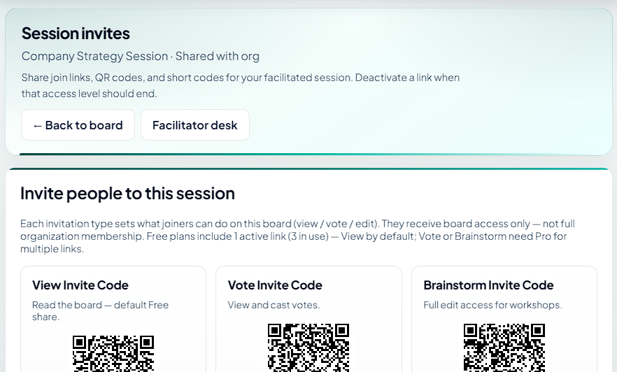 Session invites with QR codes for View, Vote, and Brainstorm access