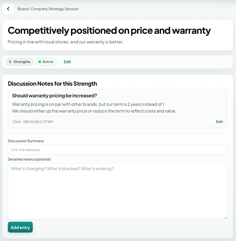 SWOT item detail with threaded discussion notes on a Strength