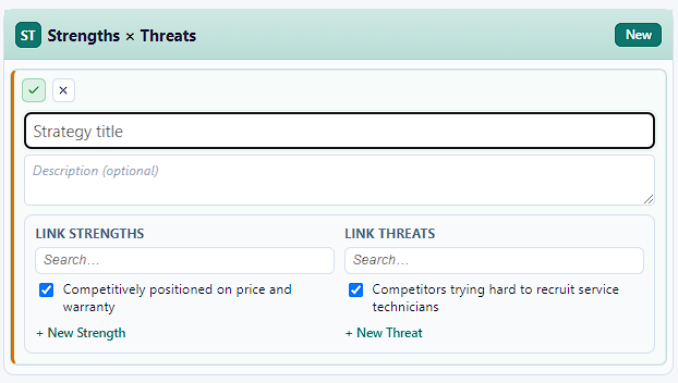 TOWS Strengths times Threats form linking SWOT factors into a strategy